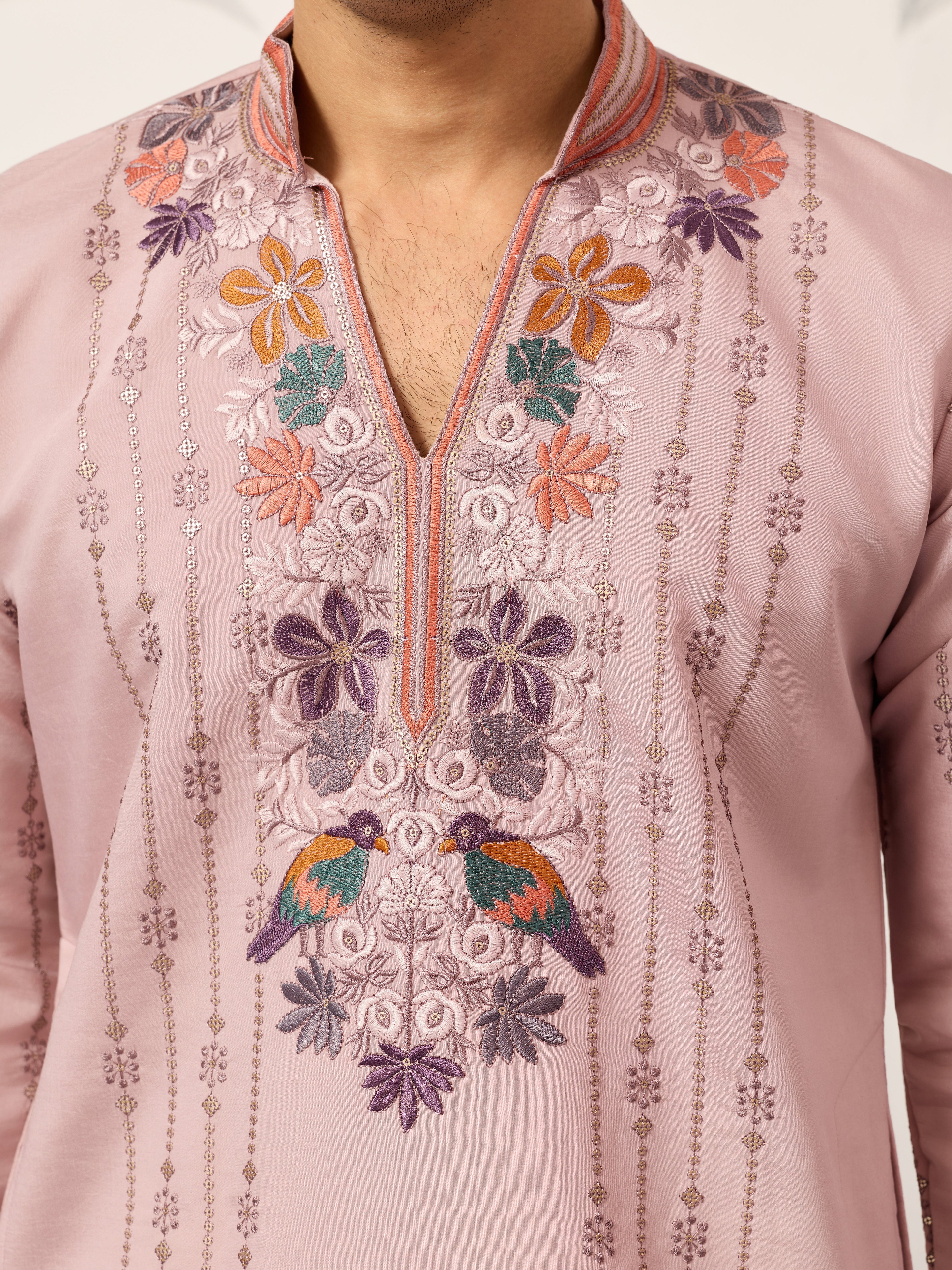 Classic Pink Embroidered V Neck Kurta Pant Outfit for Mens Wear