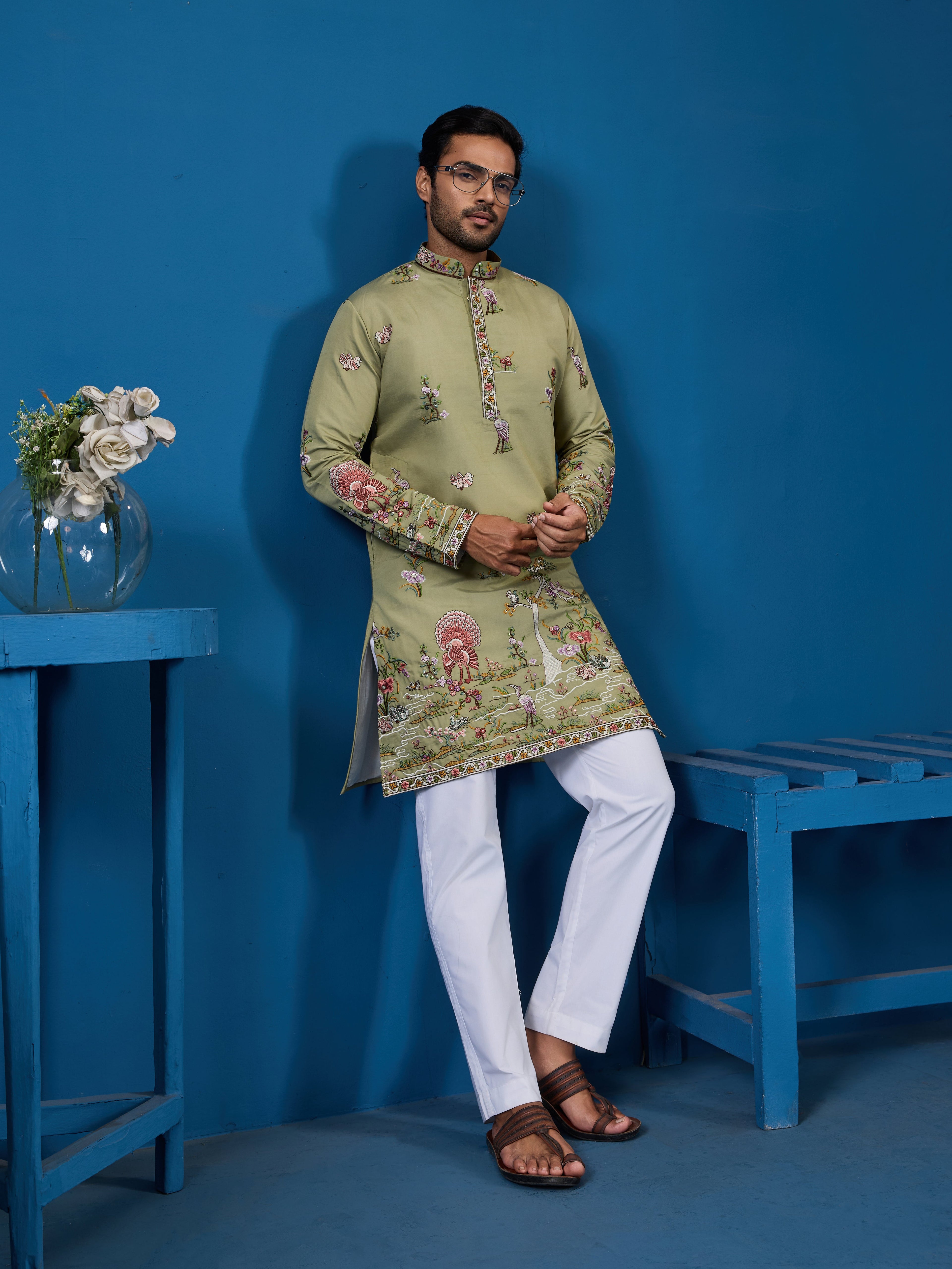 Traditional Pista Green Embroidered Kurta for Men