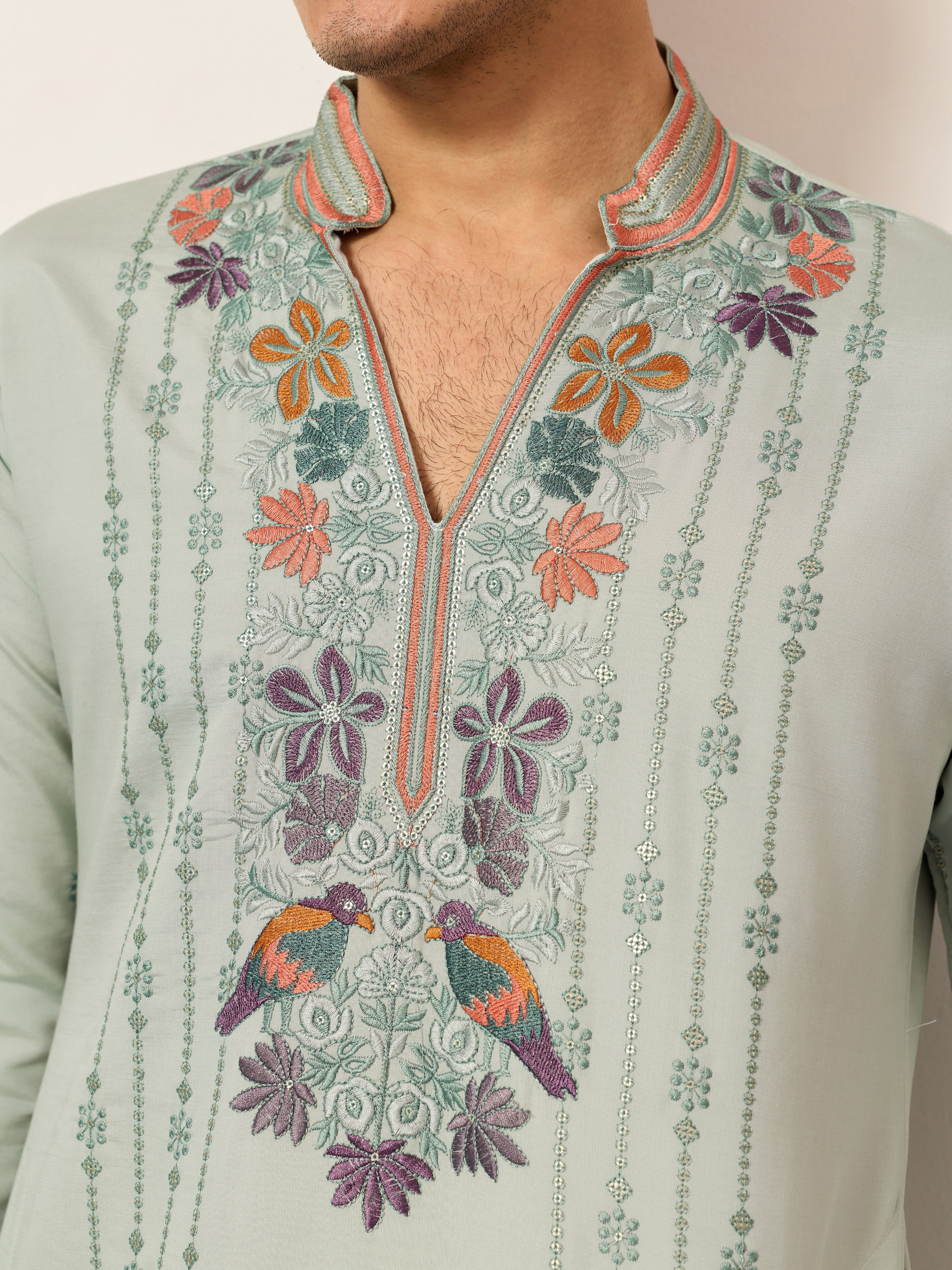 Ethnic Pista V Neck Kurta Pant Set for Mens Wear