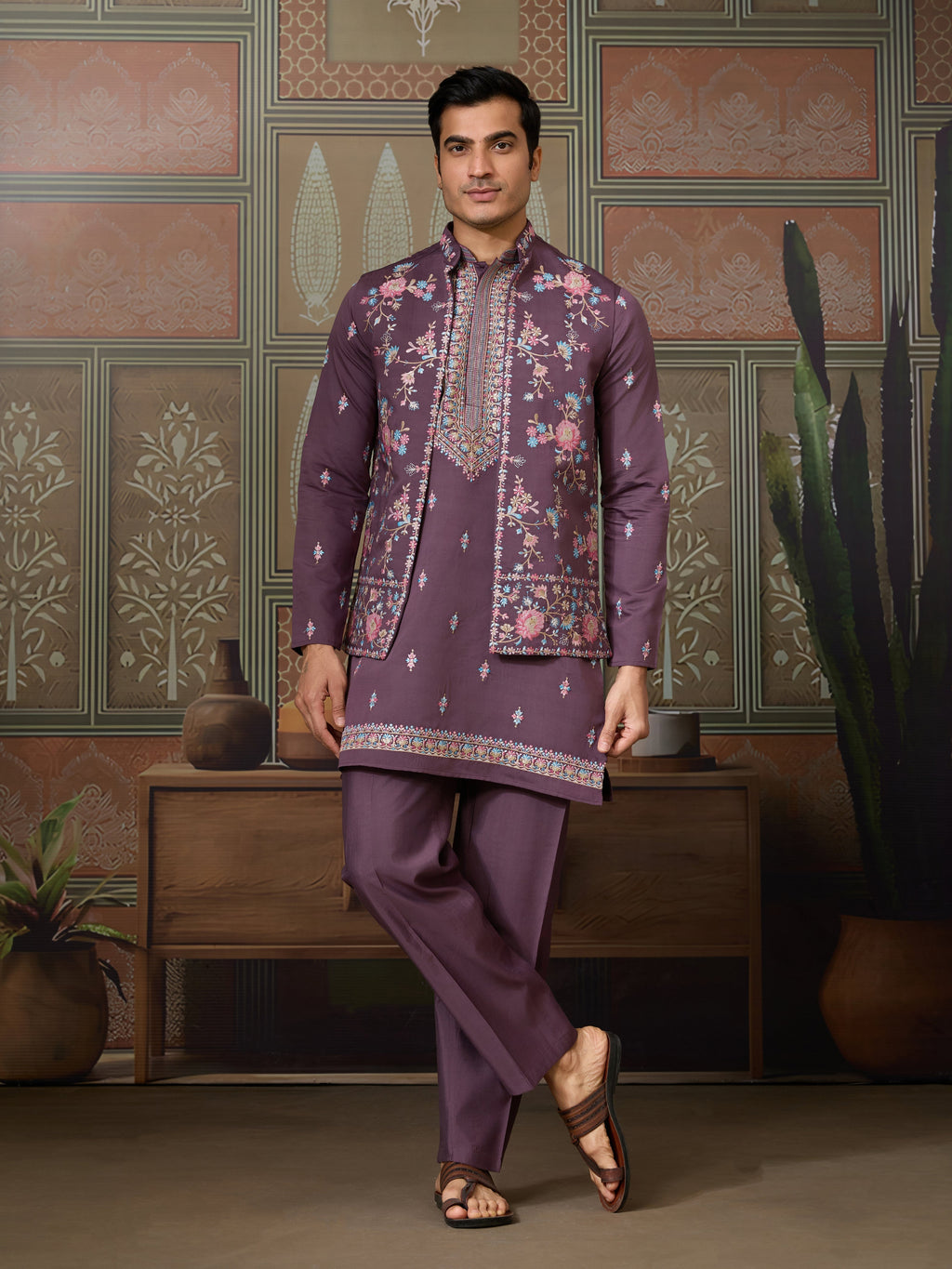 Dusty Purple Wedding Kurta with Matching Koti Set for men
