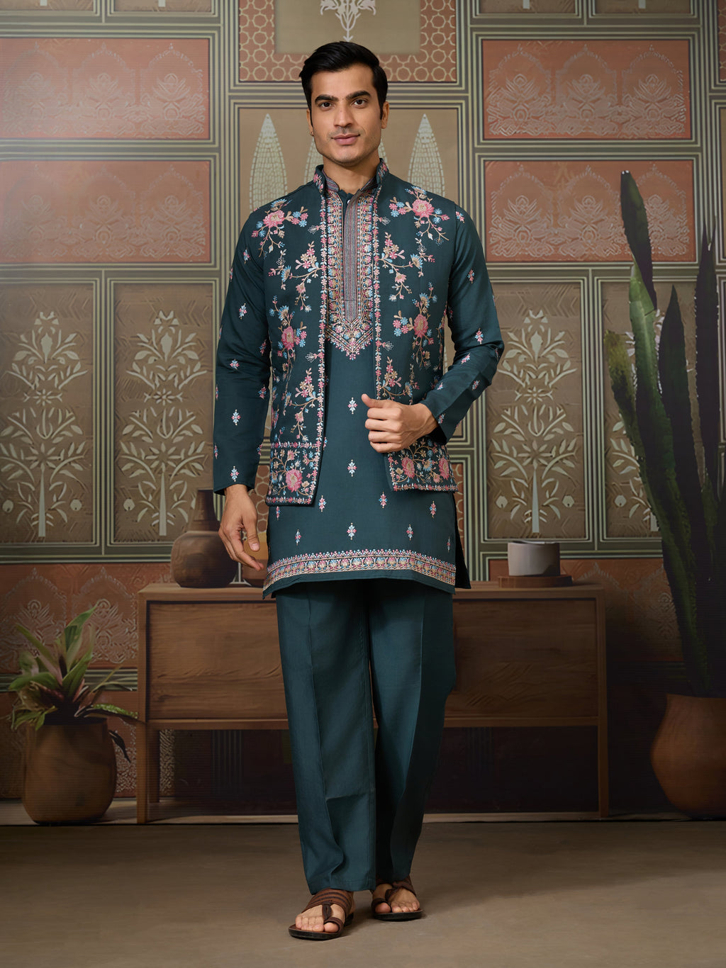 Premium Designer Rama Green Koti Kurta Pair for Men
