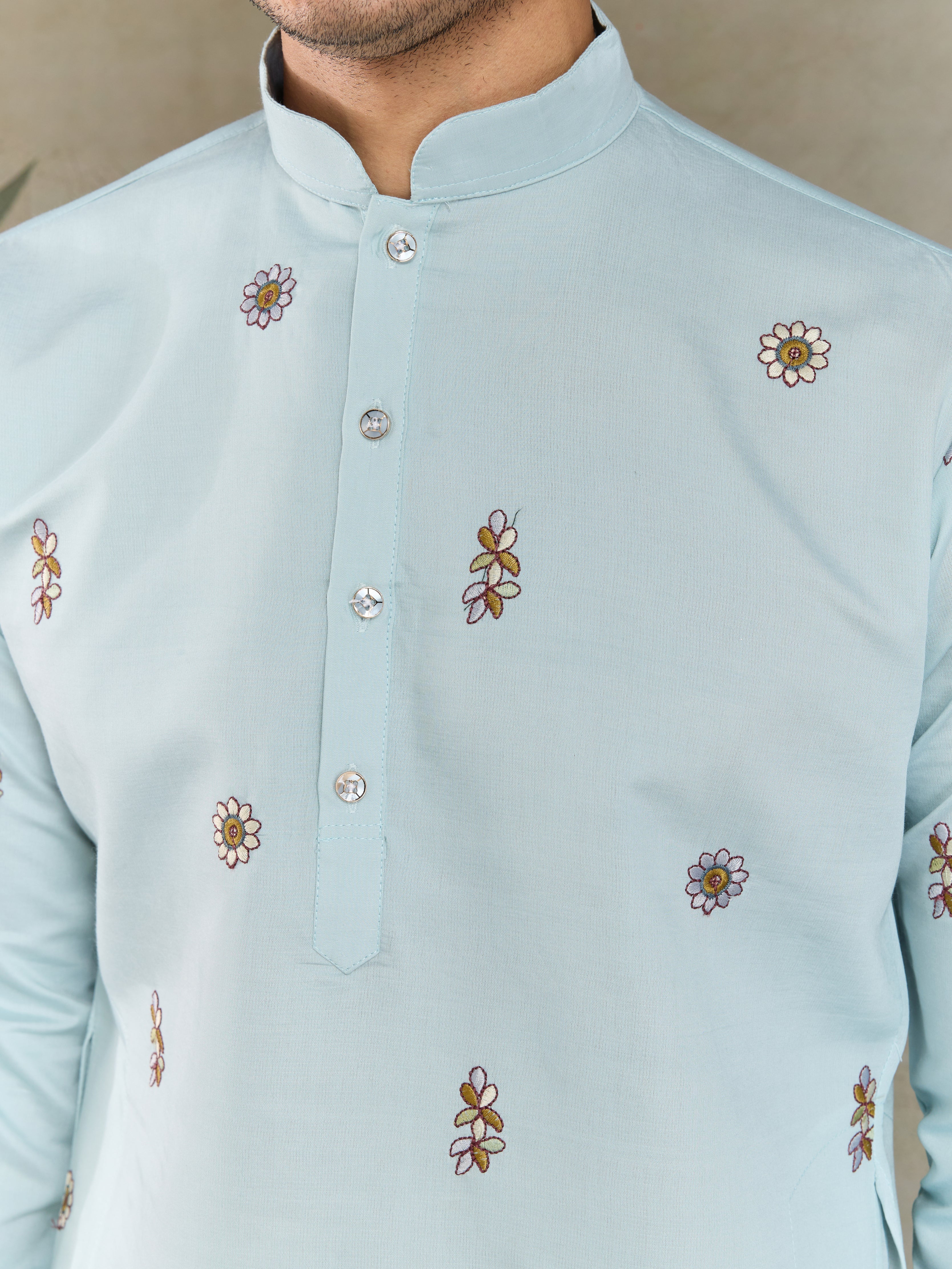 Traditional Sky Color Embroidered Kurta Pajama Set for Men