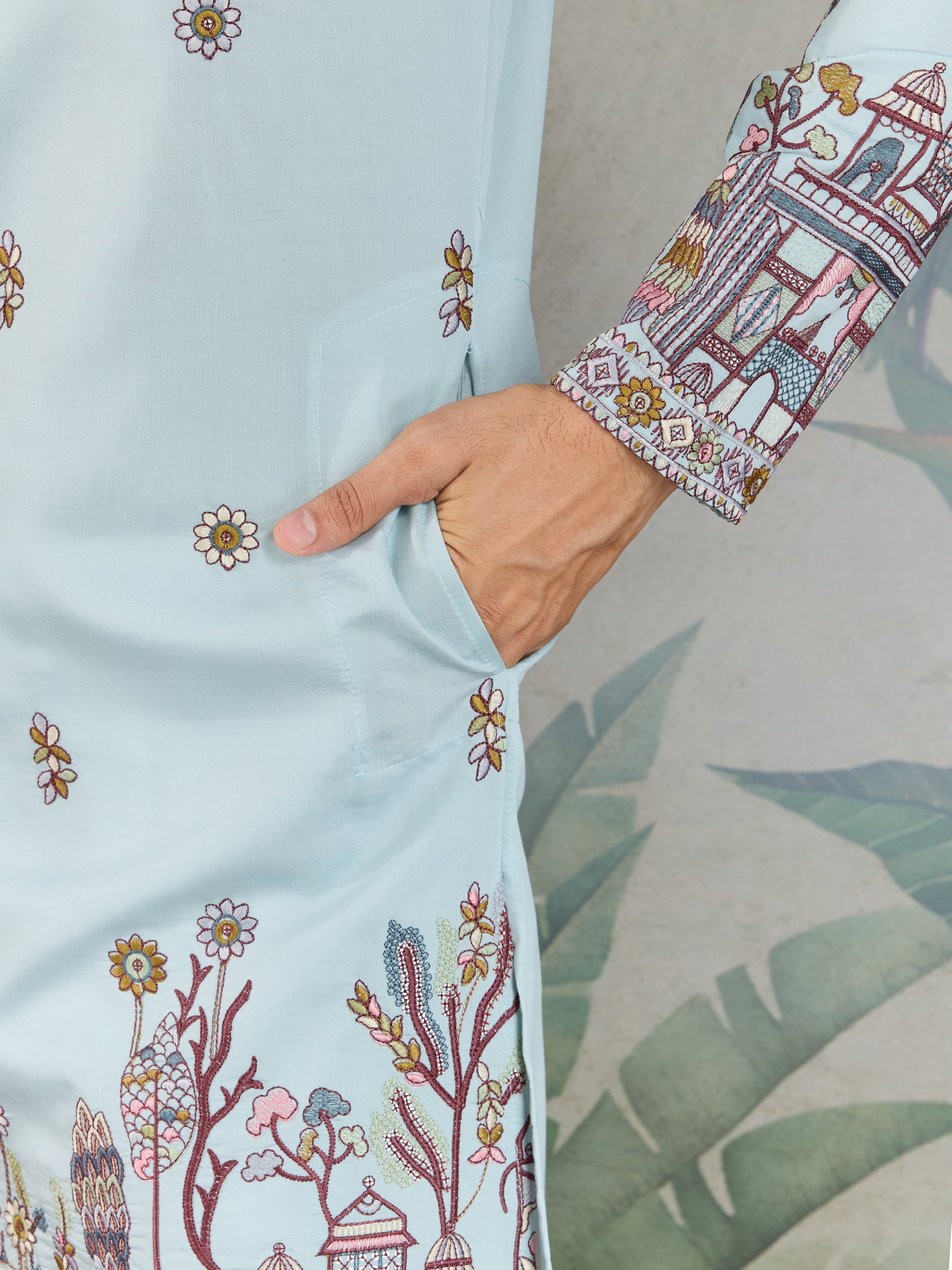 Traditional Sky Color Embroidered Kurta Pajama Set for Men