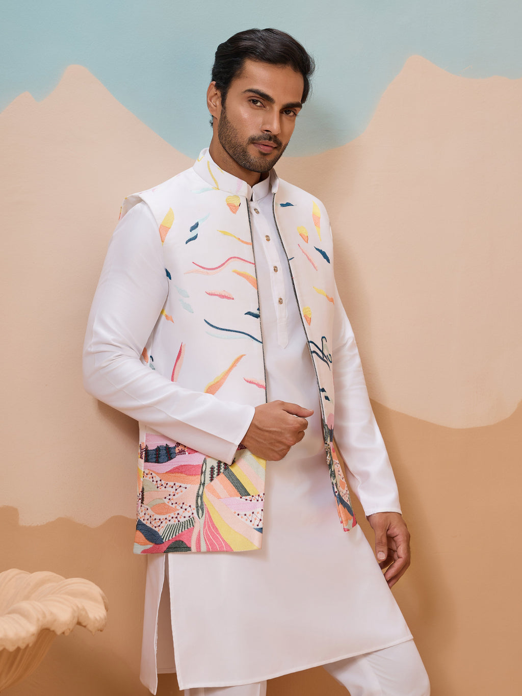 White Wedding Wear Carnival Koti Kurta Pair for Mens Wear