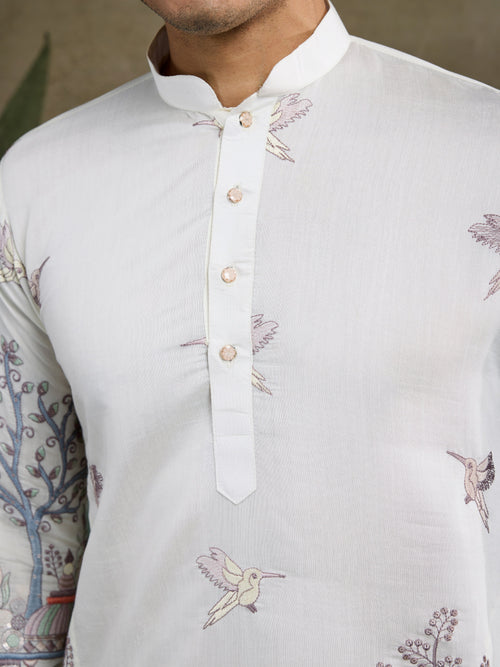 
Designer White Silk printed kurta for men