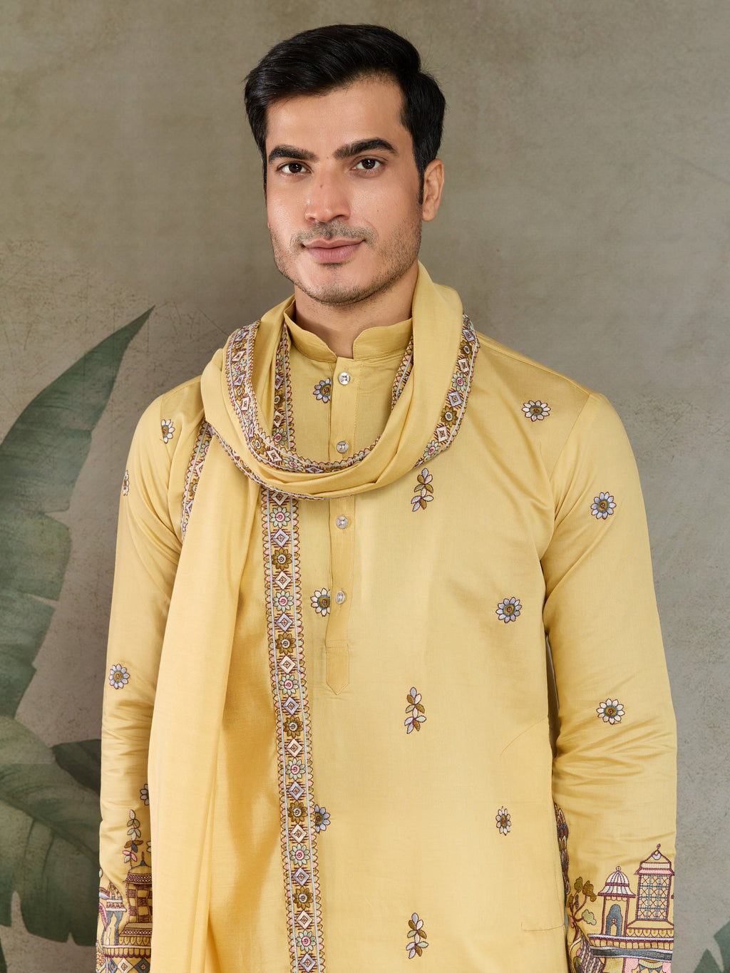 Haldi Special Yellow Embroidered Kurta Pajama Set for Men